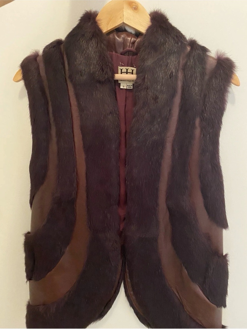 Haute Hippie Sz Small Vest Rabbit Fur, leather & Silk maroon plum